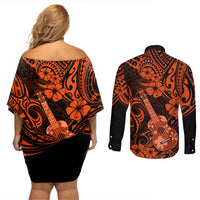 Hawaii Ukulele Couples Matching Off Shoulder Short Dress and Long Sleeve Button Shirts Polynesian Pattern Orange Version - Wonder Print Shop