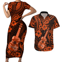 Hawaii Ukulele Couples Matching Short Sleeve Bodycon Dress and Hawaiian Shirt Polynesian Pattern Orange Version - Wonder Print Shop