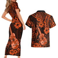 Hawaii Ukulele Couples Matching Short Sleeve Bodycon Dress and Hawaiian Shirt Polynesian Pattern Orange Version - Wonder Print Shop