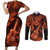 Hawaii Ukulele Couples Matching Short Sleeve Bodycon Dress and Long Sleeve Button Shirts Polynesian Pattern Orange Version - Wonder Print Shop