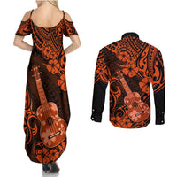 Hawaii Ukulele Couples Matching Summer Maxi Dress and Long Sleeve Button Shirts Polynesian Pattern Orange Version - Wonder Print Shop