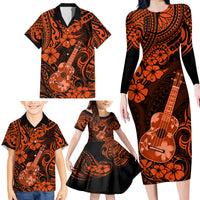 Hawaii Ukulele Family Matching Long Sleeve Bodycon Dress and Hawaiian Shirt Polynesian Pattern Orange Version - Wonder Print Shop