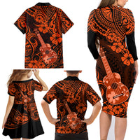 Hawaii Ukulele Family Matching Long Sleeve Bodycon Dress and Hawaiian Shirt Polynesian Pattern Orange Version - Wonder Print Shop