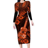 Hawaii Ukulele Family Matching Long Sleeve Bodycon Dress and Hawaiian Shirt Polynesian Pattern Orange Version - Wonder Print Shop