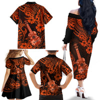 Hawaii Ukulele Family Matching Off Shoulder Long Sleeve Dress and Hawaiian Shirt Polynesian Pattern Orange Version - Wonder Print Shop