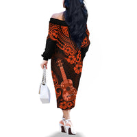 Hawaii Ukulele Family Matching Off Shoulder Long Sleeve Dress and Hawaiian Shirt Polynesian Pattern Orange Version - Wonder Print Shop