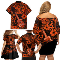 Hawaii Ukulele Family Matching Off Shoulder Short Dress and Hawaiian Shirt Polynesian Pattern Orange Version - Wonder Print Shop
