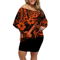 Hawaii Ukulele Family Matching Off Shoulder Short Dress and Hawaiian Shirt Polynesian Pattern Orange Version - Wonder Print Shop