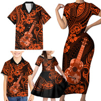 Hawaii Ukulele Family Matching Short Sleeve Bodycon Dress and Hawaiian Shirt Polynesian Pattern Orange Version - Wonder Print Shop