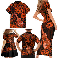 Hawaii Ukulele Family Matching Short Sleeve Bodycon Dress and Hawaiian Shirt Polynesian Pattern Orange Version - Wonder Print Shop