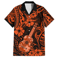 Orange and black Hawaiian button-up shirt with collar, hibiscus and ukulele print.