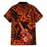 Orange and black Hawaiian button-up shirt back with hibiscus and ukulele print.