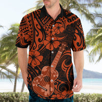Orange and black Hawaiian button-up shirt on man, front hibiscus and ukulele print.