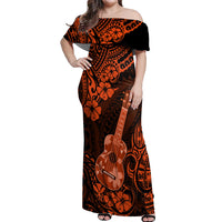 Hawaii Ukulele Off Shoulder Maxi Dress Polynesian Pattern Orange Version - Wonder Print Shop