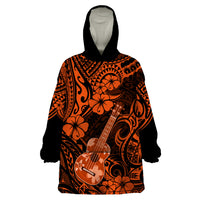 Hawaii Ukulele Wearable Blanket Hoodie Polynesian Pattern Orange Version - Wonder Print Shop