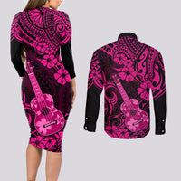 Hawaii Ukulele Couples Matching Long Sleeve Bodycon Dress and Long Sleeve Button Shirts Polynesian Pattern Pink Version - Wonder Print Shop