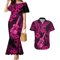 Hawaii Ukulele Couples Matching Mermaid Dress and Hawaiian Shirt Polynesian Pattern Pink Version - Wonder Print Shop