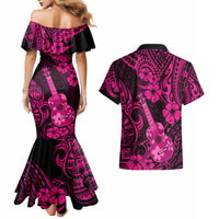 Hawaii Ukulele Couples Matching Mermaid Dress and Hawaiian Shirt Polynesian Pattern Pink Version - Wonder Print Shop