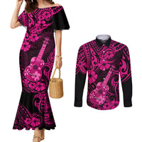 hawaii-ukulele-couples-matching-mermaid-dress-and-long-sleeve-button-shirts-polynesian-pattern-pink-version