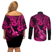 Hawaii Ukulele Couples Matching Off Shoulder Short Dress and Long Sleeve Button Shirts Polynesian Pattern Pink Version - Wonder Print Shop