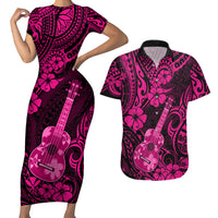 Hawaii Ukulele Couples Matching Short Sleeve Bodycon Dress and Hawaiian Shirt Polynesian Pattern Pink Version - Wonder Print Shop
