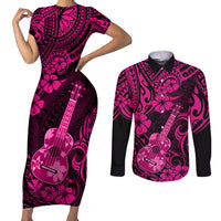 Hawaii Ukulele Couples Matching Short Sleeve Bodycon Dress and Long Sleeve Button Shirts Polynesian Pattern Pink Version - Wonder Print Shop