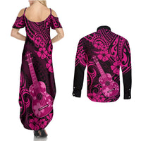 Hawaii Ukulele Couples Matching Summer Maxi Dress and Long Sleeve Button Shirts Polynesian Pattern Pink Version - Wonder Print Shop