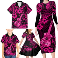Hawaii Ukulele Family Matching Long Sleeve Bodycon Dress and Hawaiian Shirt Polynesian Pattern Pink Version - Wonder Print Shop