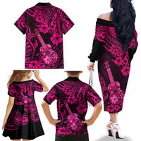 Hawaii Ukulele Family Matching Off Shoulder Long Sleeve Dress and Hawaiian Shirt Polynesian Pattern Pink Version - Wonder Print Shop