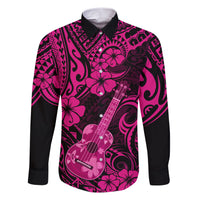 Hawaii Ukulele Family Matching Short Sleeve Bodycon Dress and Hawaiian Shirt Polynesian Pattern Pink Version - Wonder Print Shop