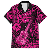 Men's pink Hawaiian shirt with black Polynesian pattern, hibiscus and ukulele graphic