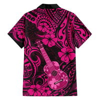 Men's pink Hawaiian shirt with black Polynesian pattern, ukulele and hibiscus print