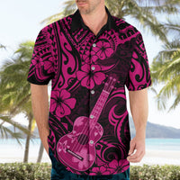 Men's pink Hawaiian shirt with black collar and Polynesian print, hibiscus and ukulele