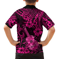 Kids' pink Hawaiian shirt back view with black Polynesian pattern and ukulele hibiscus