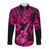 Hawaii Ukulele Long Sleeve Button Shirt Polynesian Pattern Pink Version - Wonder Print Shop