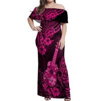 Hawaii Ukulele Off Shoulder Maxi Dress Polynesian Pattern Pink Version - Wonder Print Shop