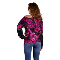 Hawaii Ukulele Off Shoulder Sweater Polynesian Pattern Pink Version - Wonder Print Shop