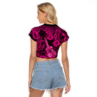 Hawaii Ukulele Raglan Cropped T Shirt Polynesian Pattern Pink Version - Wonder Print Shop