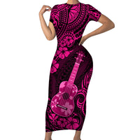 Hawaii Ukulele Short Sleeve Bodycon Dress Polynesian Pattern Pink Version - Wonder Print Shop