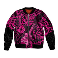 Hawaii Ukulele Sleeve Zip Bomber Jacket Polynesian Pattern Pink Version - Wonder Print Shop