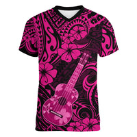 Hawaii Ukulele Women V Neck T Shirt Polynesian Pattern Pink Version - Wonder Print Shop