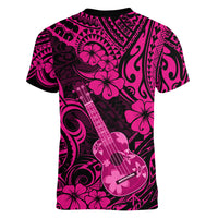 Hawaii Ukulele Women V Neck T Shirt Polynesian Pattern Pink Version - Wonder Print Shop
