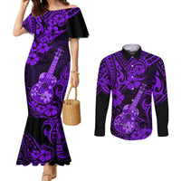 hawaii-ukulele-couples-matching-mermaid-dress-and-long-sleeve-button-shirts-polynesian-pattern-purple-version