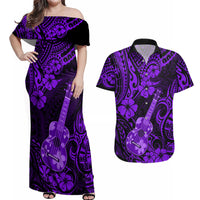 Hawaii Ukulele Couples Matching Off Shoulder Maxi Dress and Hawaiian Shirt Polynesian Pattern Purple Version - Wonder Print Shop