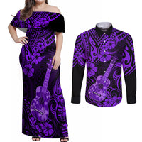Hawaii Ukulele Couples Matching Off Shoulder Maxi Dress and Long Sleeve Button Shirts Polynesian Pattern Purple Version - Wonder Print Shop