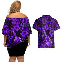 Hawaii Ukulele Couples Matching Off Shoulder Short Dress and Hawaiian Shirt Polynesian Pattern Purple Version - Wonder Print Shop