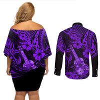 Hawaii Ukulele Couples Matching Off Shoulder Short Dress and Long Sleeve Button Shirts Polynesian Pattern Purple Version - Wonder Print Shop