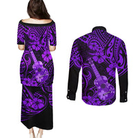 Hawaii Ukulele Couples Matching Puletasi Dress and Long Sleeve Button Shirts Polynesian Pattern Purple Version - Wonder Print Shop