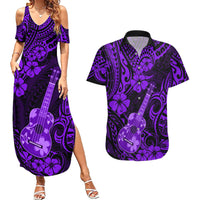Hawaii Ukulele Couples Matching Summer Maxi Dress and Hawaiian Shirt Polynesian Pattern Purple Version - Wonder Print Shop