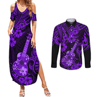 Hawaii Ukulele Couples Matching Summer Maxi Dress and Long Sleeve Button Shirts Polynesian Pattern Purple Version - Wonder Print Shop